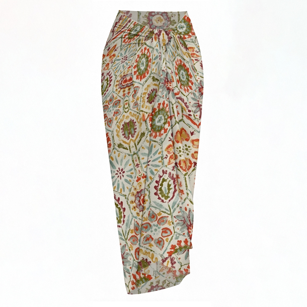 Retro Boho Halter Tie Bikini 3-Piece Set with Matching Sarong Skirt