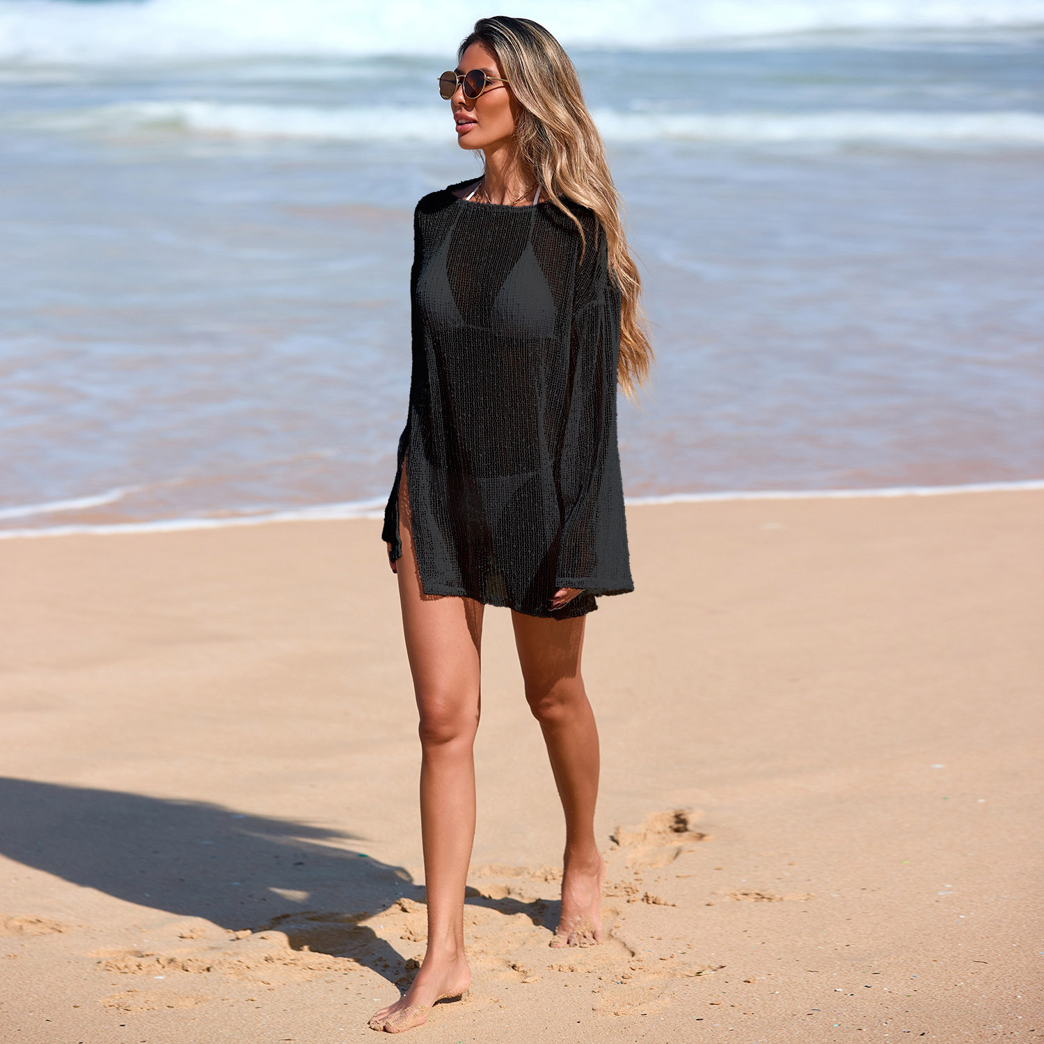Bestselling Sparkling Snowflake Cover Long Sleeve Lace-Knit Beach Tunic with Scoop Neck