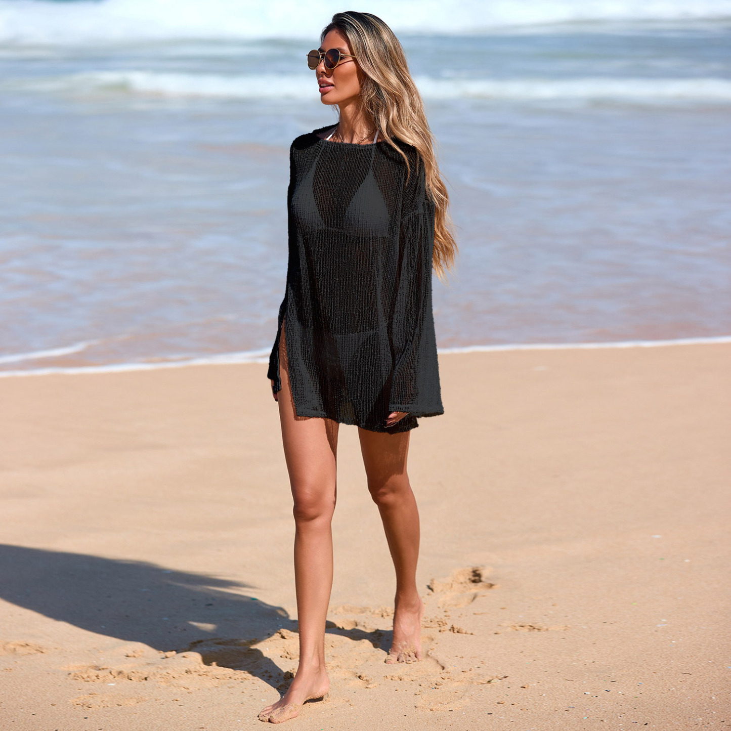 Bestselling Sparkling Snowflake Cover Long Sleeve Lace-Knit Beach Tunic with Scoop Neck