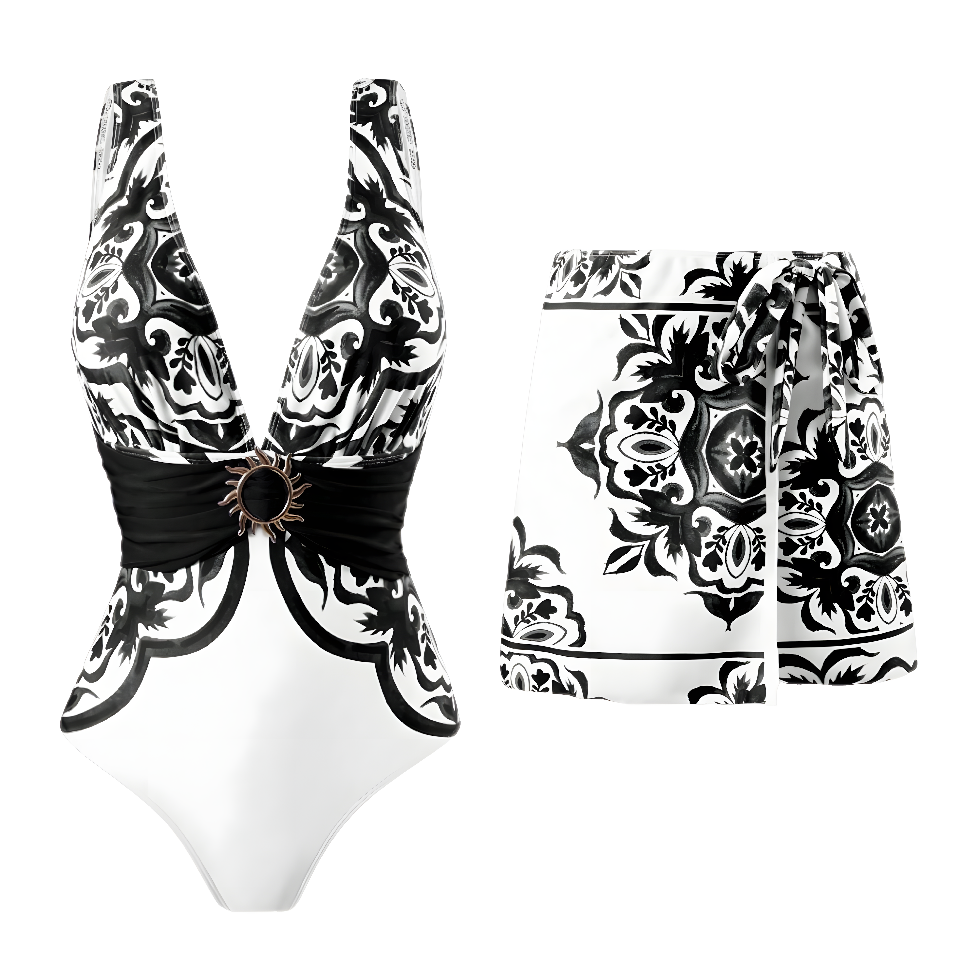 Women's Vintage Print Deep V One-Piece Swimsuit and Matching Skirt