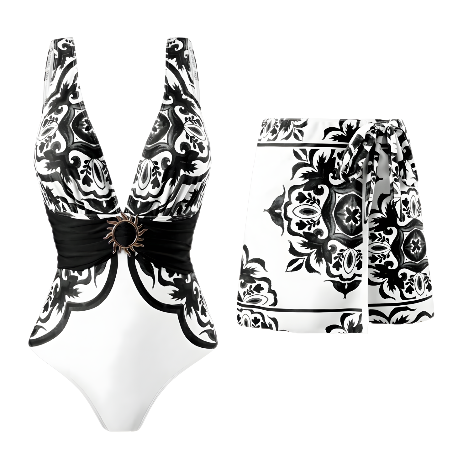 Women's Vintage Print Deep V One-Piece Swimsuit and Matching Skirt