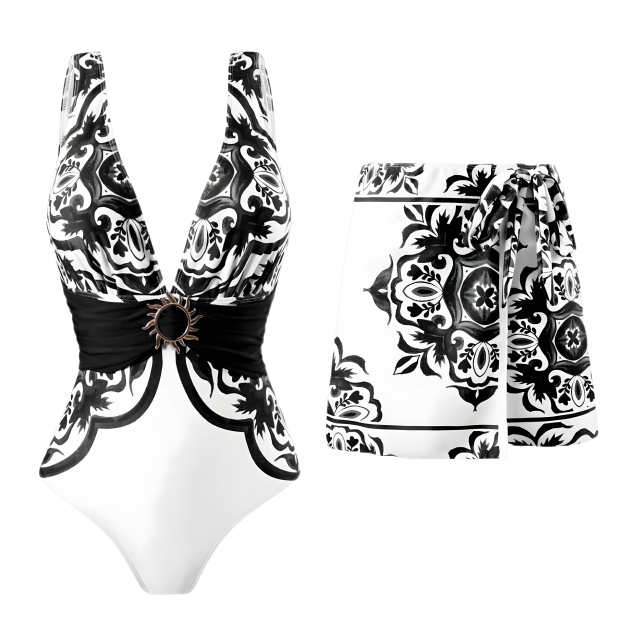 Women's Vintage Print Deep V One-Piece Swimsuit and Matching Skirt