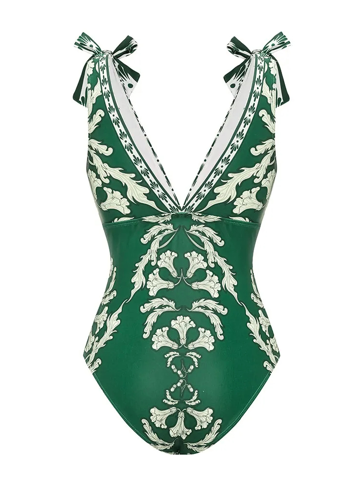V Neck Lace Up Printed Swimsuit and Skirt
