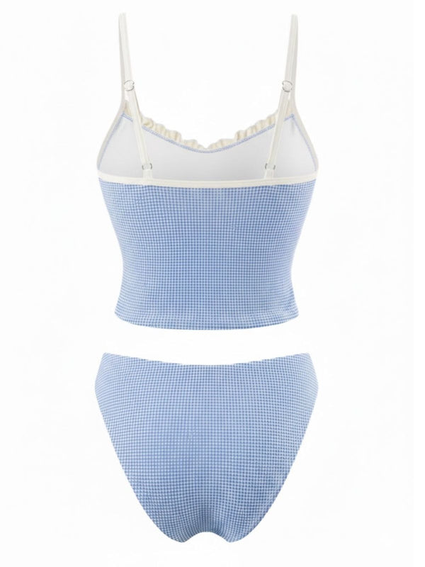 Checkered Lace Trim Tankini Set