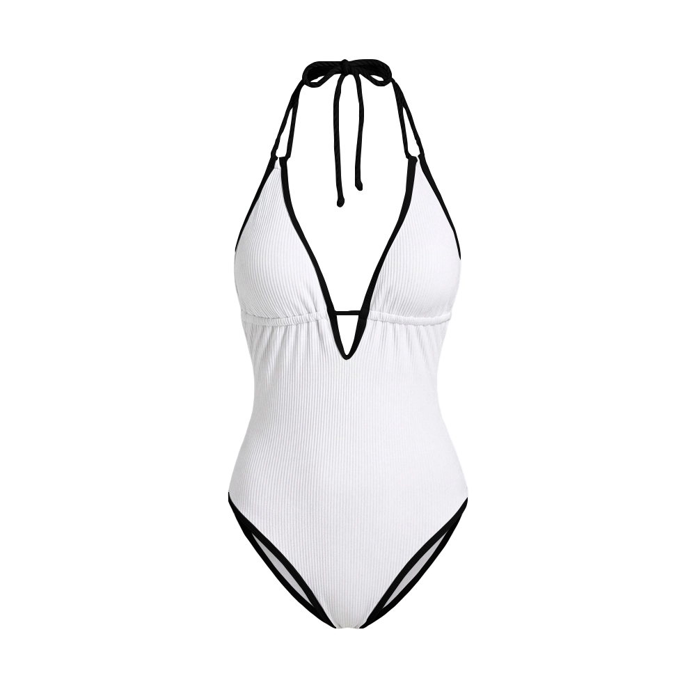 Contrast Halter Backless Swimsuit with Irregular Ruffle Sarong