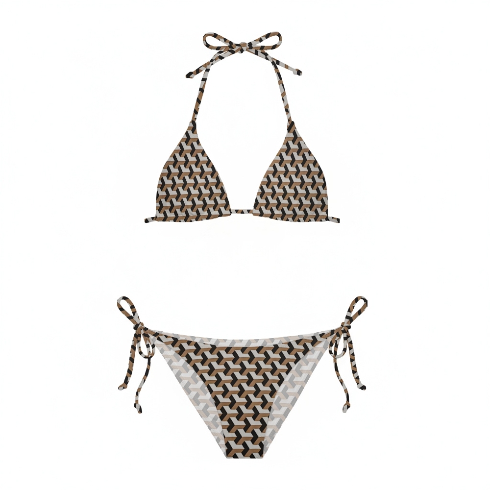Geometric Print Halter Bikini Set with Side Tie Bottom and Matching Sarong