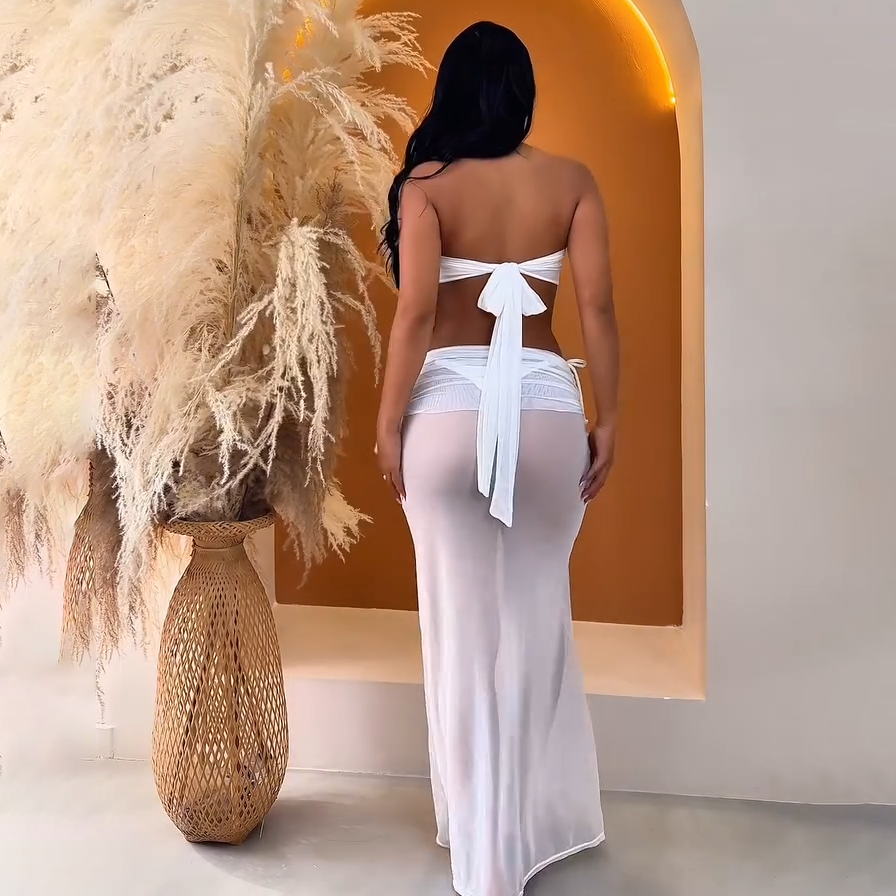 White Bandeau Bikini Set with Sheer Mesh Skirt