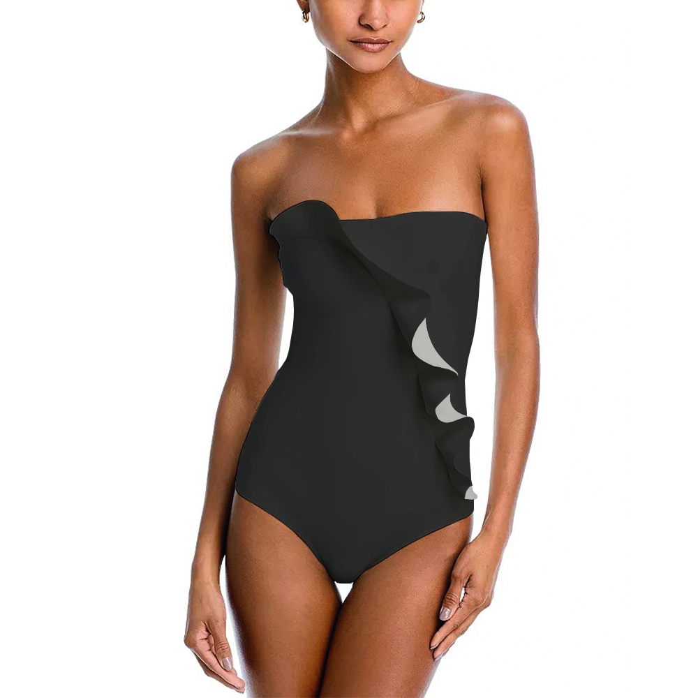Elegant Solid Color Strapless Ruffle Front One-Piece Swimsuit