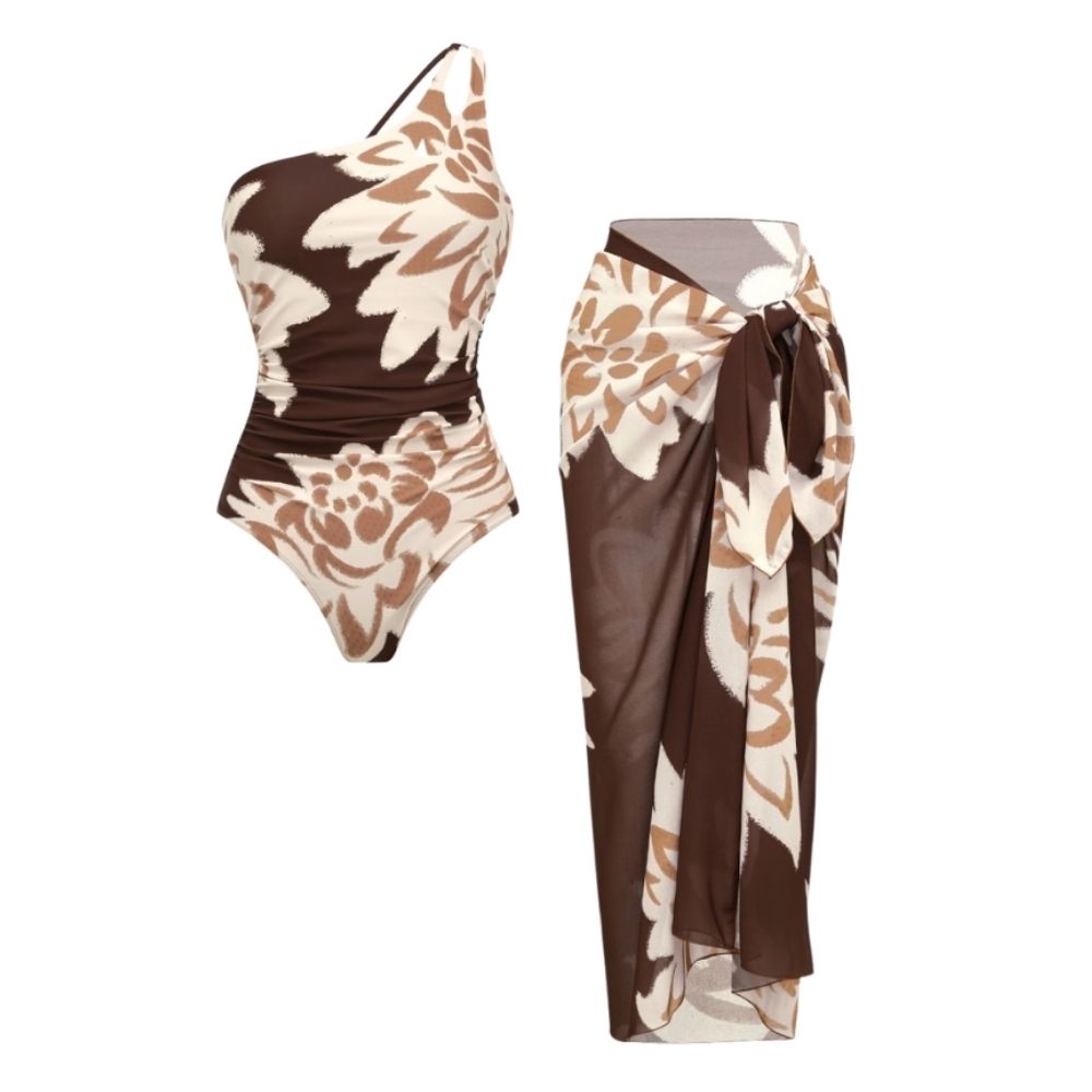 Floral Art Printed One Piece Swimsuit and Sarong