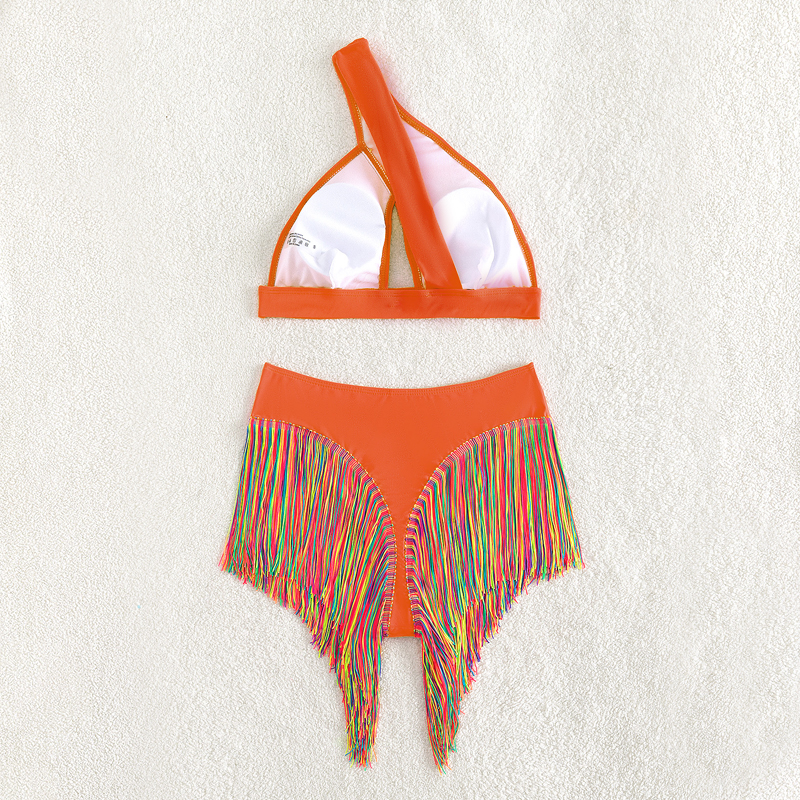 Sexy Solid Color One-Shoulder Two-Piece Swimsuit Set with Fringe Detail