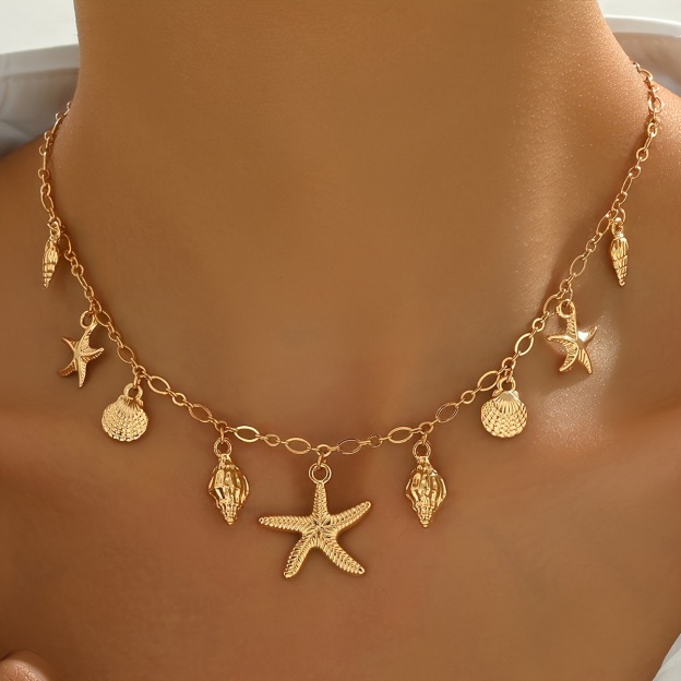 Ocean Style Gold Necklace Shell and Starfish Pendant Summer Beach Jewelry for Women