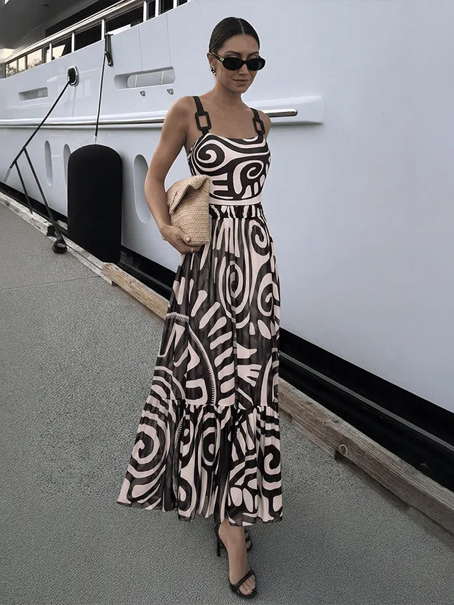 Adjustable Shoulder Straps Black Tribal Print Swimsuit Set