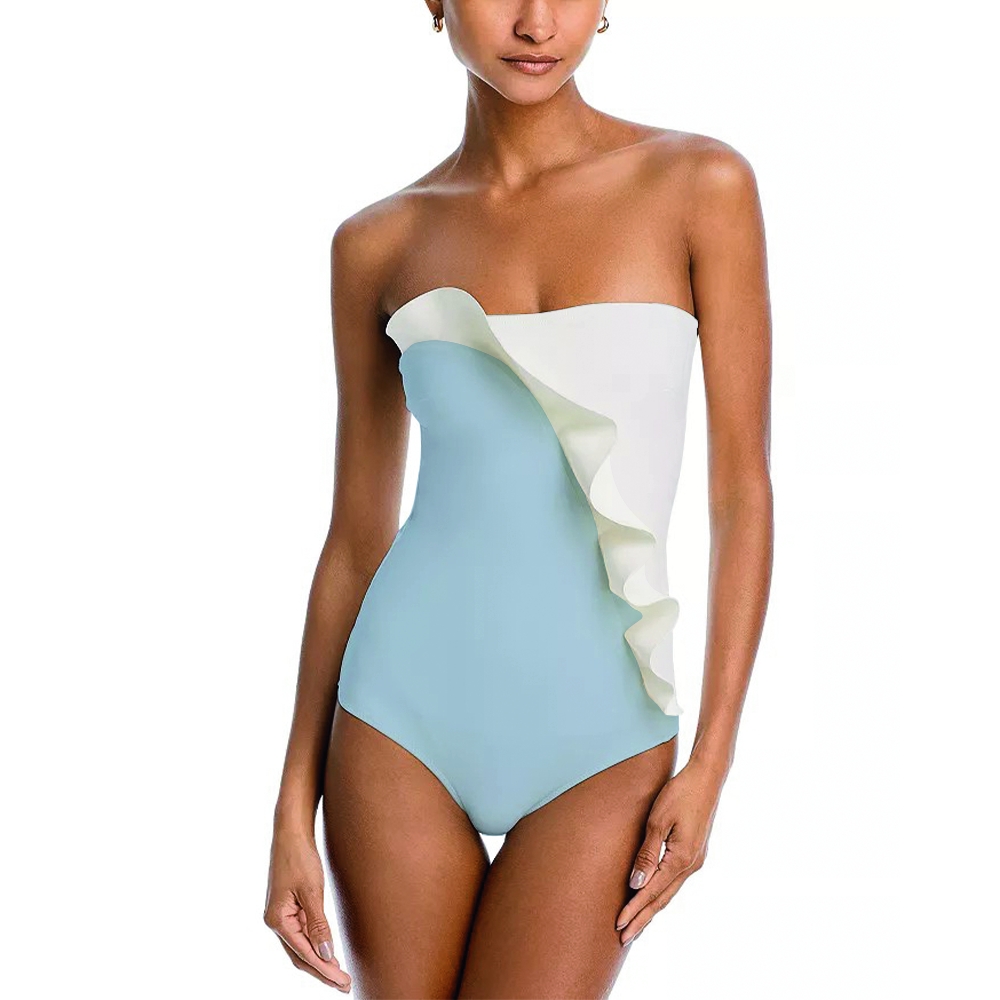 Black & White Contrast Ruffle One-Piece Swimsuit with Matching Slit Skirt