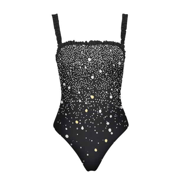 Ruffled Strap Retro Polka Dot One-Piece Swimsuit with Matching Sarong Skirt