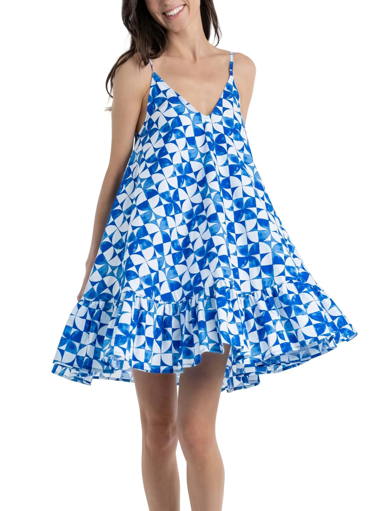 V-neck Blue Print Beach Dress