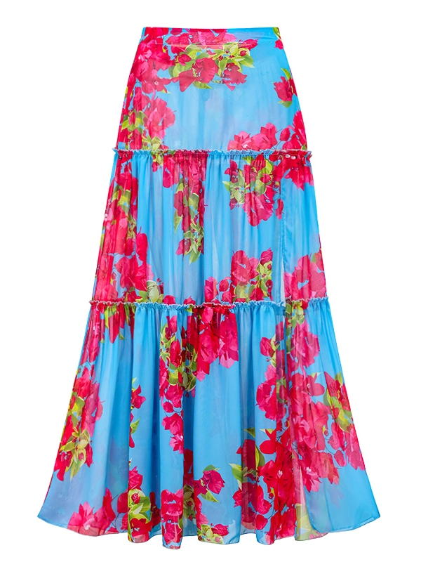 Ruffle Bougainvillea Flower Printed Swimsuit and Skirt