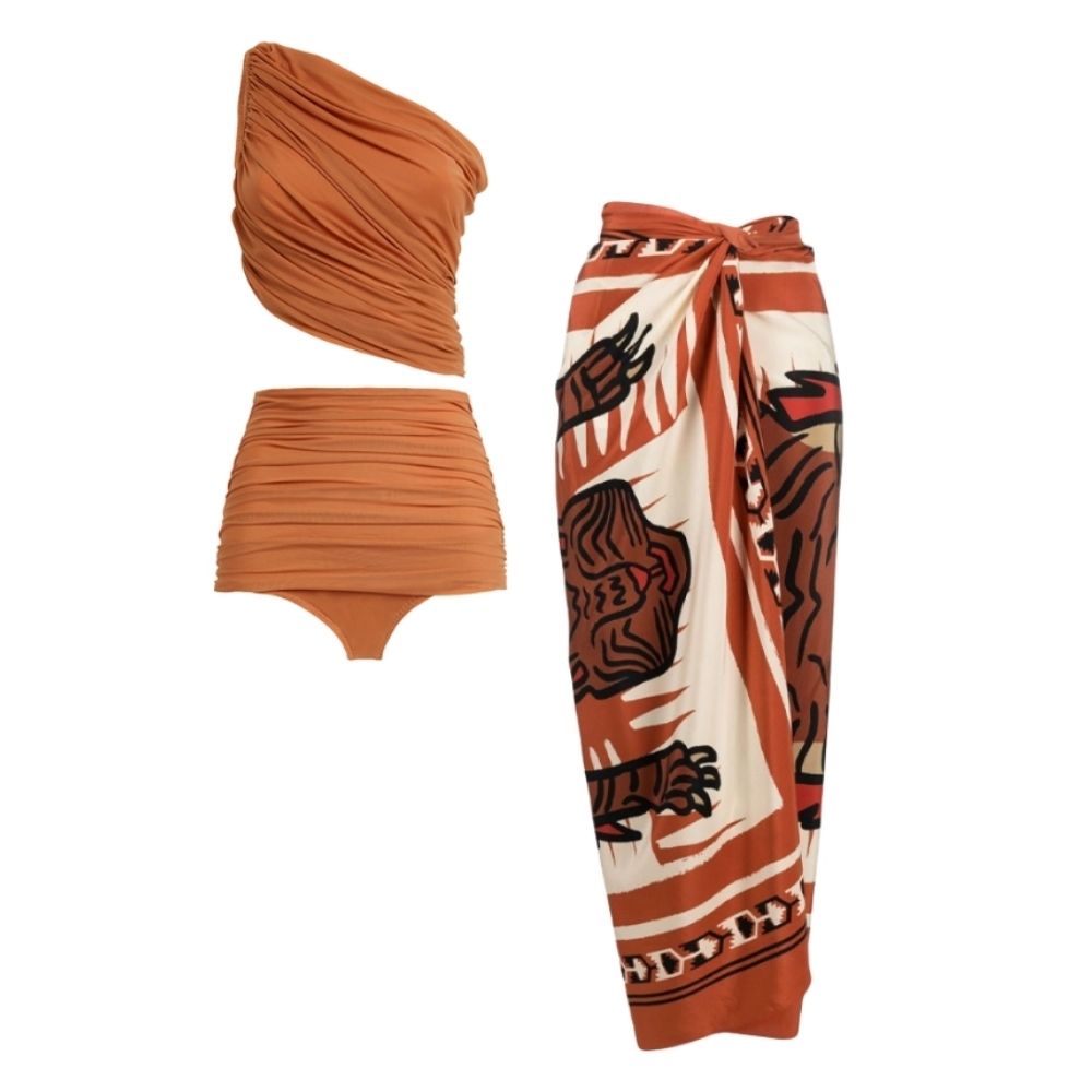 Single-Shoulder Ruffled Bikini Swimsuit And Sarong