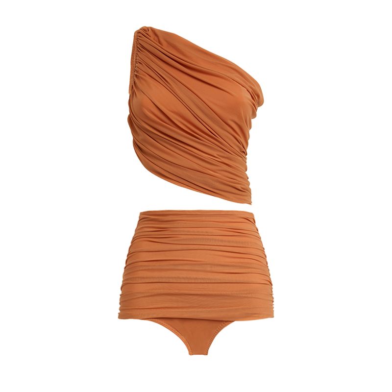 Single-Shoulder Ruffled Bikini Swimsuit And Sarong