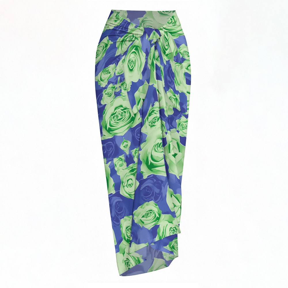 Green Rose Print Teardrop Cutout One-Piece Swimsuit with Matching Sarong Skirt