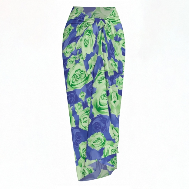 Green Rose Print Teardrop Cutout One-Piece Swimsuit with Matching Sarong Skirt