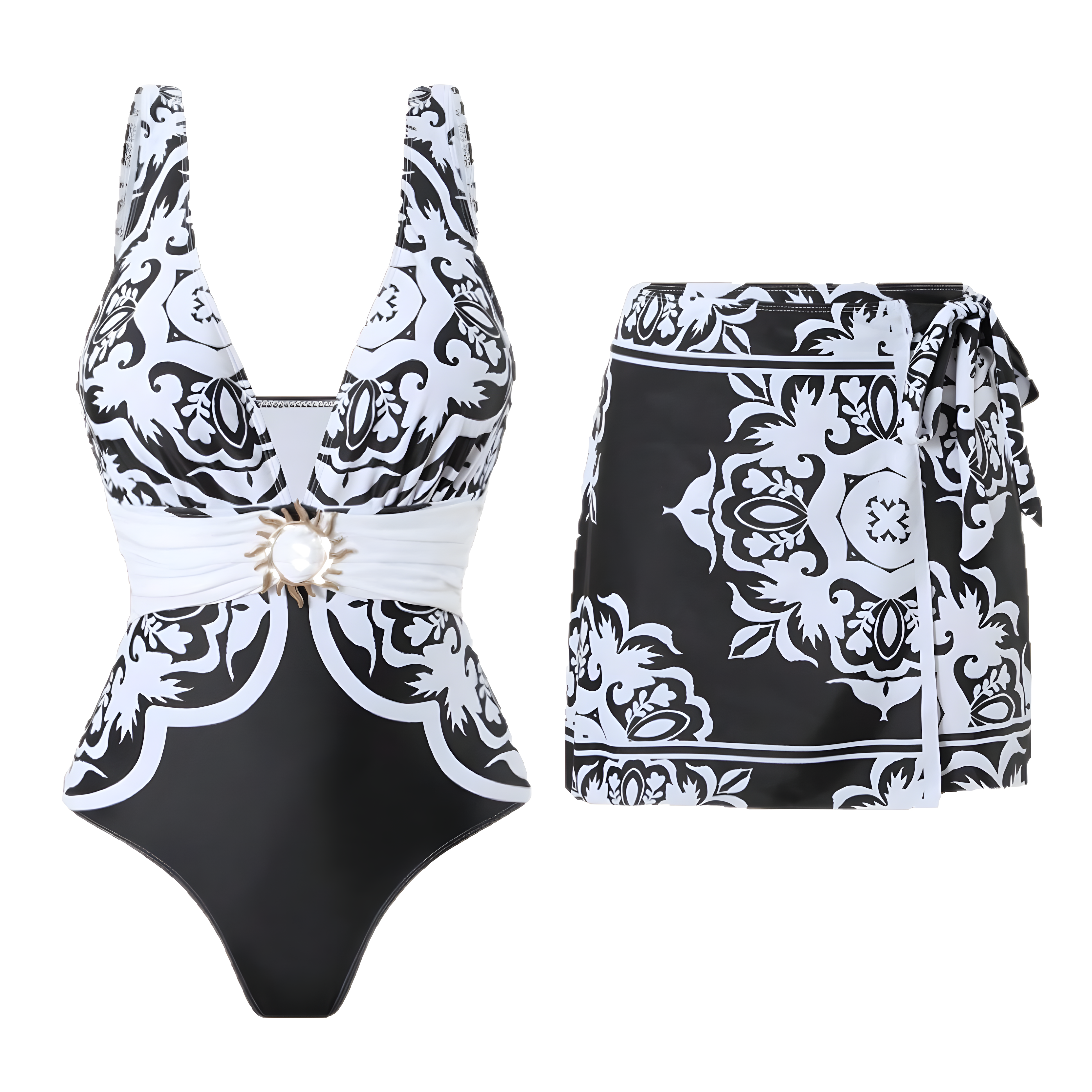 Women's Vintage Print Deep V One-Piece Swimsuit and Matching Skirt