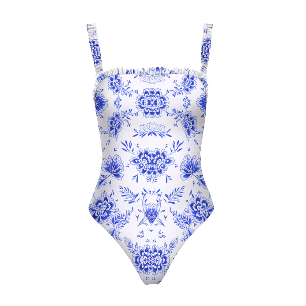 Blue Floral Print Straight Neckline One-Piece Swimsuit and Sarong Skirt