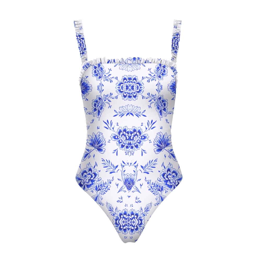 Blue Floral Print Straight Neckline One-Piece Swimsuit and Sarong Skirt
