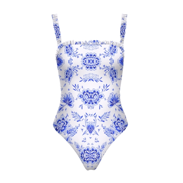 Blue Floral Print Straight Neckline One-Piece Swimsuit and Sarong Skirt