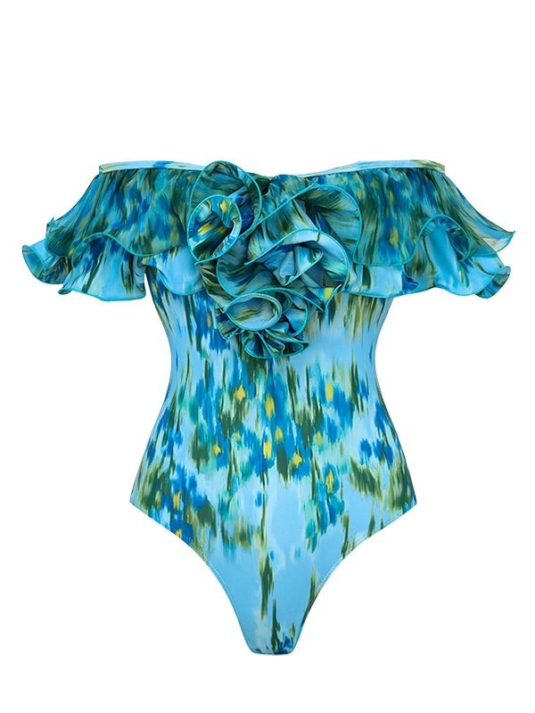 Lake Blue Water Lily Print Off Shoulder One-Piece with Ruffle Maxi Skirt