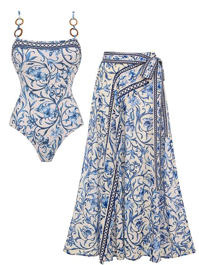 Baroque Floral Metal Ring Back Tie One-Piece with Wrap Skirt