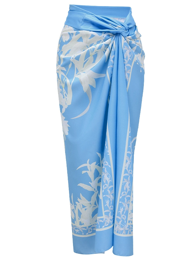 French Vacation Blue Floral Print Halter One-Piece with Tie Sarong