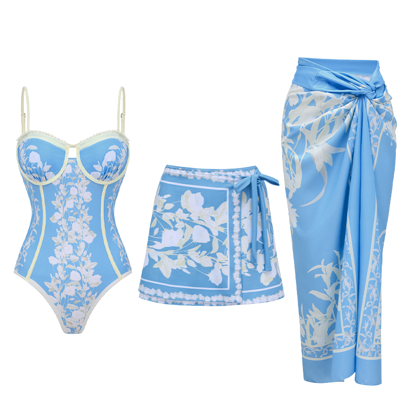 Blue And White Slim & Sculpt Floral Swimsuit Sets