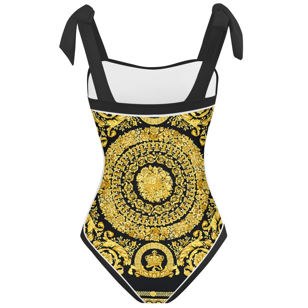 Baroque Print Straight Neckline One-Piece Swimsuit with Matching Sarong Skirt