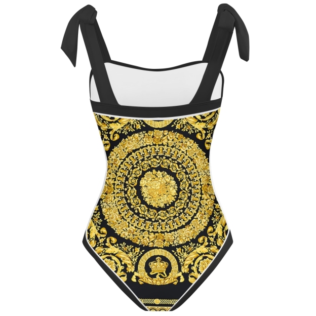 Baroque Print Straight Neckline One-Piece Swimsuit with Matching Sarong Skirt