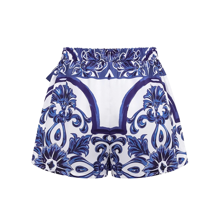 Sling Classic Majolica Series Pattern Print One Piece Swimsuit and Skirt - Blue