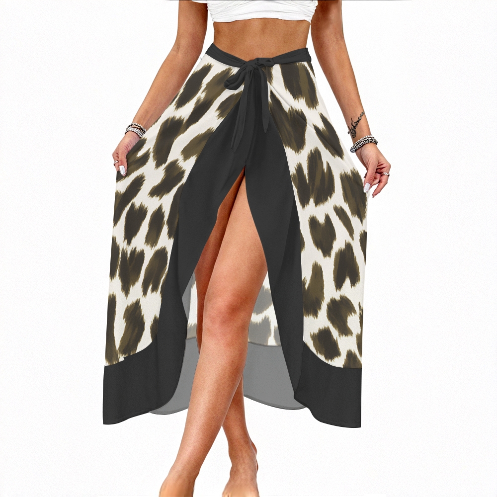 Leopard Print Lace-Up Halter Top 3-Piece Bikini Set with Matching Sarong Skirt