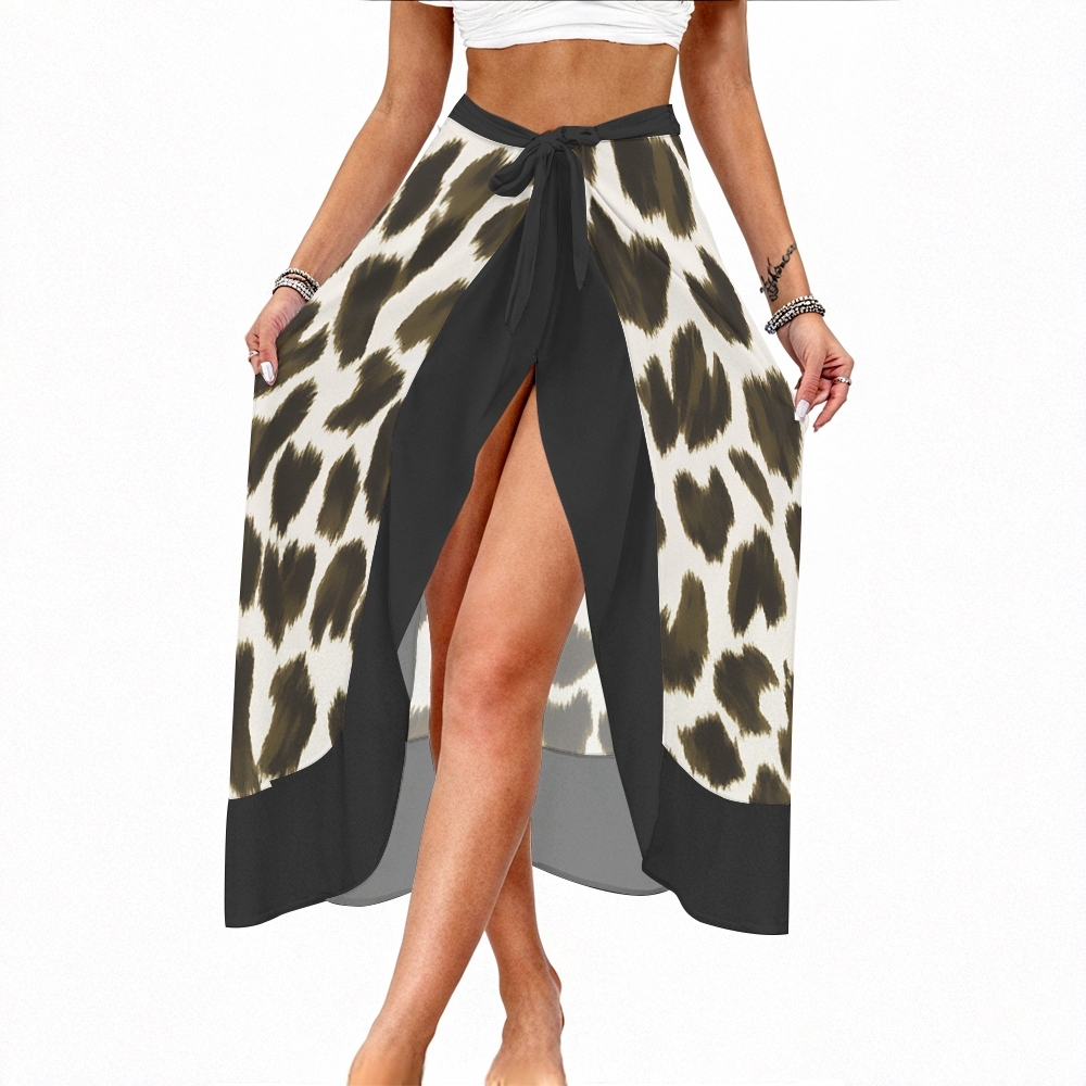 Leopard Print Lace-Up Halter Top 3-Piece Bikini Set with Matching Sarong Skirt