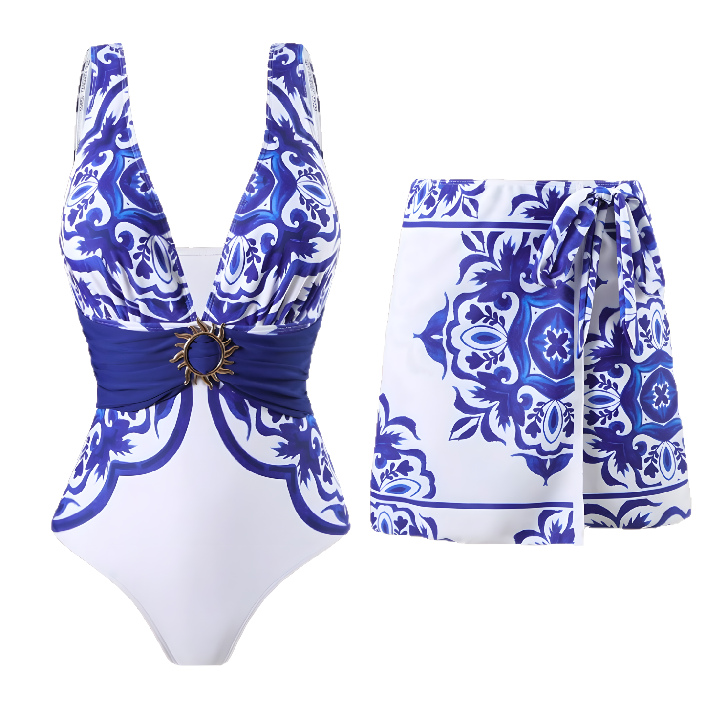 Women's Vintage Print Deep V One-Piece Swimsuit and Matching Skirt
