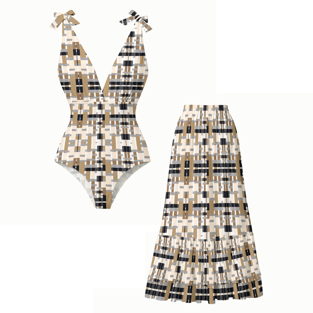 Coffee Black Plaid Swimsuit with Ruffle Cover Up Skirt Set