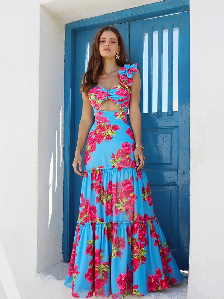 Ruffle Bougainvillea Flower Printed Swimsuit and Skirt