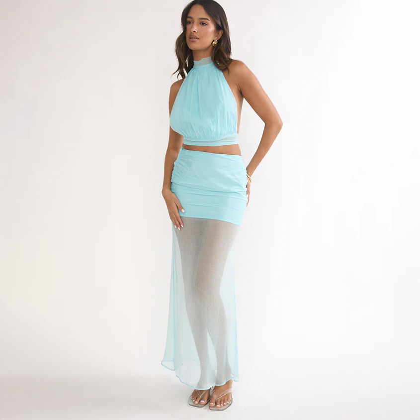 Sheer Hem Maxi Skirt Blue