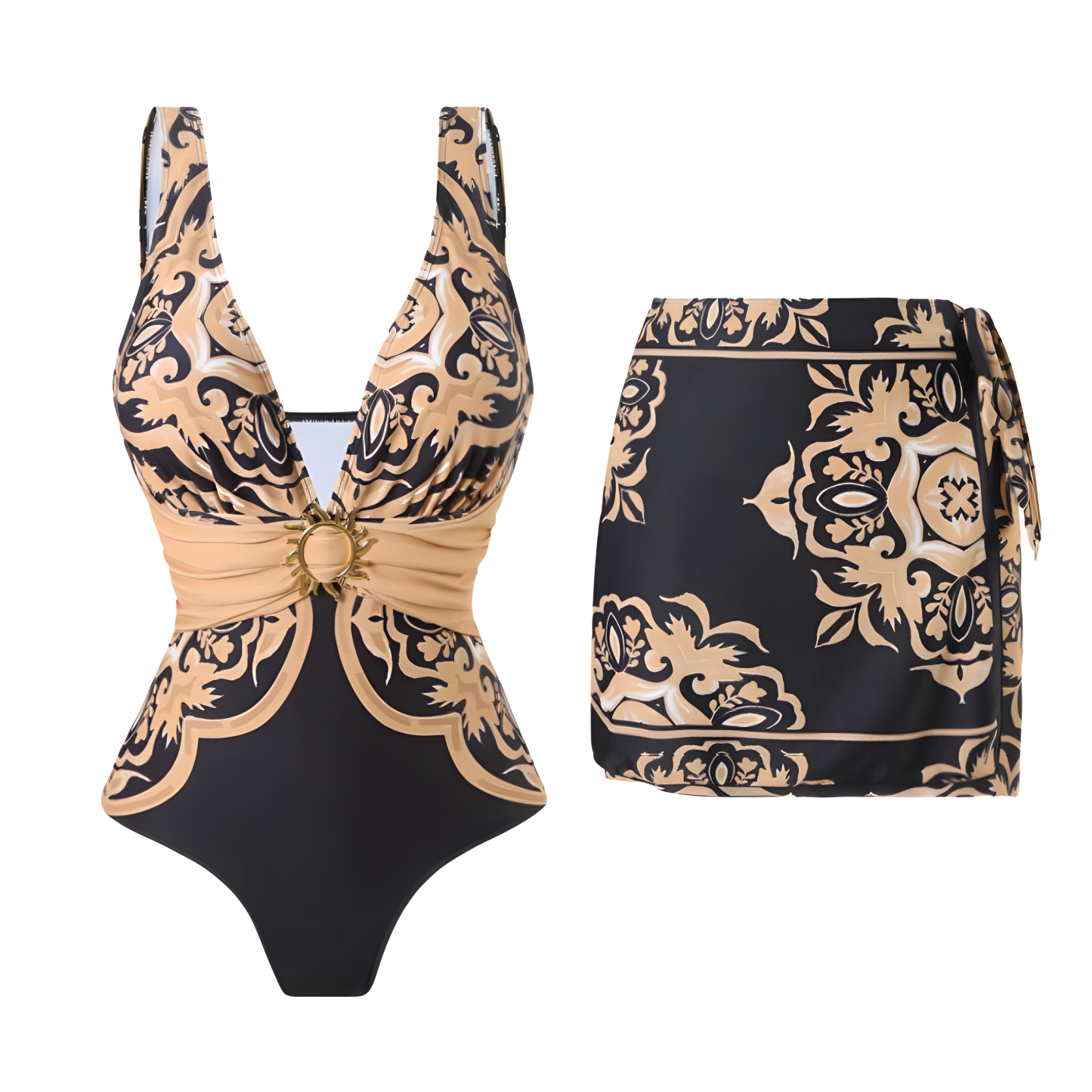 Women's Vintage Print Deep V One-Piece Swimsuit and Matching Skirt
