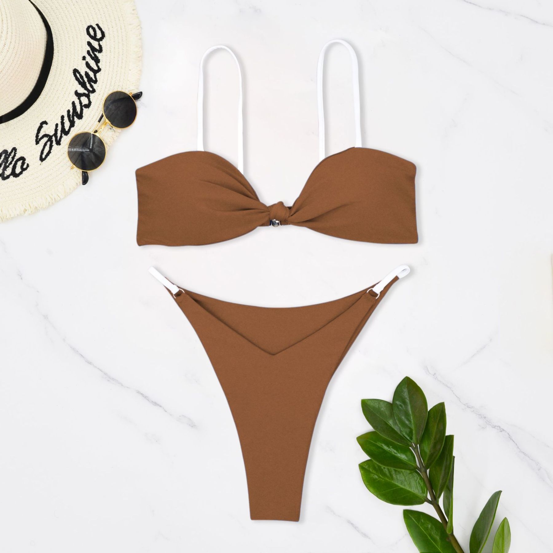 Triangle Bikini Top with Contrast Straps and Low Waist Side Tie Bottom