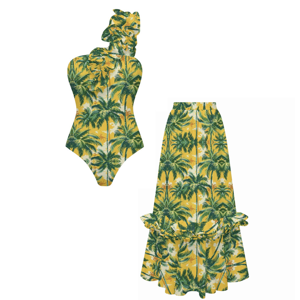 Tropical Palm Tree Ruffle Swimsuit with Maxi Skirt Cover-Up Set