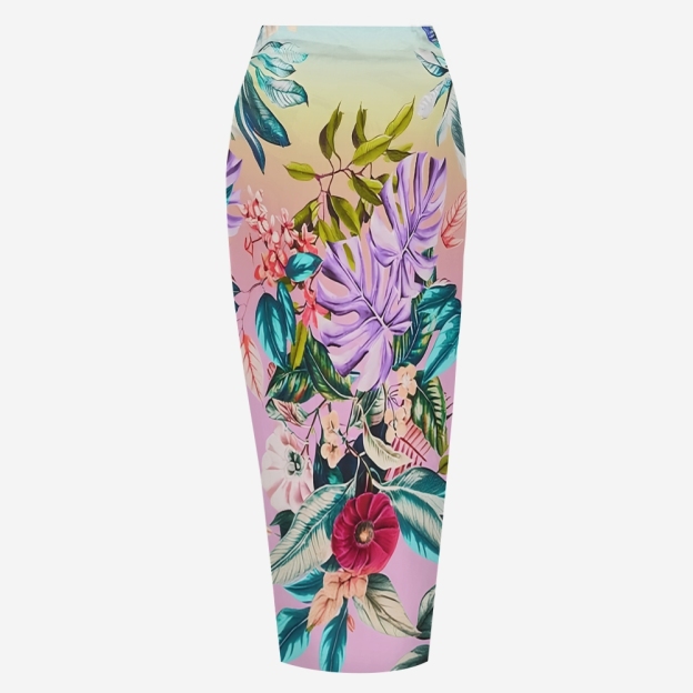 Tropical Gradient Floral One-Piece Swimsuit with Matching Sarong Skirt