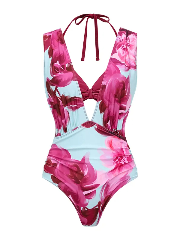 Abstract Floral Printed Two-piece Swimsuit and Skirt
