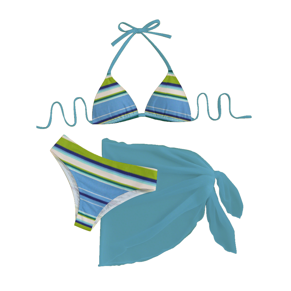 Stripe Triangle Cup Bikini Set With Matching Mesh Sarong