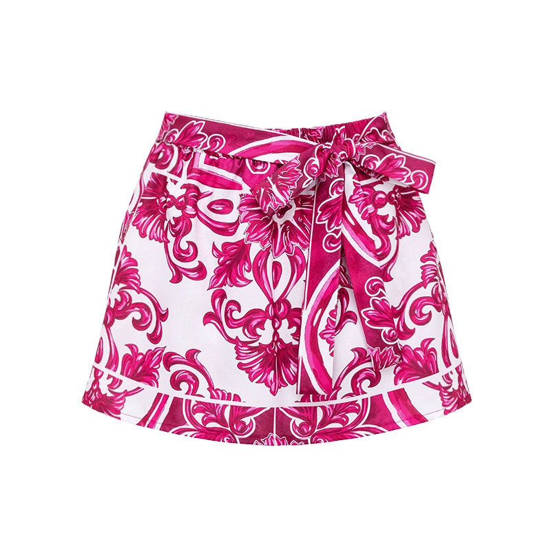 Sling Classic Majolica Series Pattern Print One Piece Swimsuit and Skirt - Pink