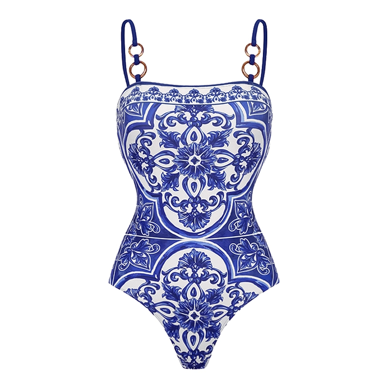Sling Classic Majolica Series Pattern Print One Piece Swimsuit and Skirt - Blue