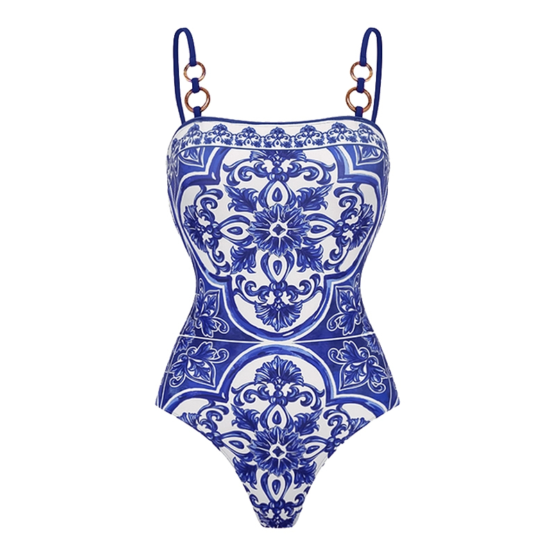 Sling Classic Majolica Series Pattern Print One Piece Swimsuit and Skirt - Blue